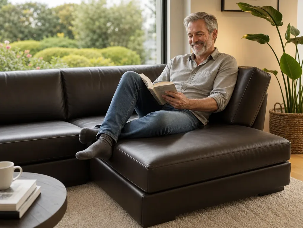 Chaiselongue im Wohnzimmer | Mann mit Buch | Neubezug Chaiselongue nach dem Neubezug: Mann mit Buch im Wohnzimmer (Visualisierung, Neubezug)