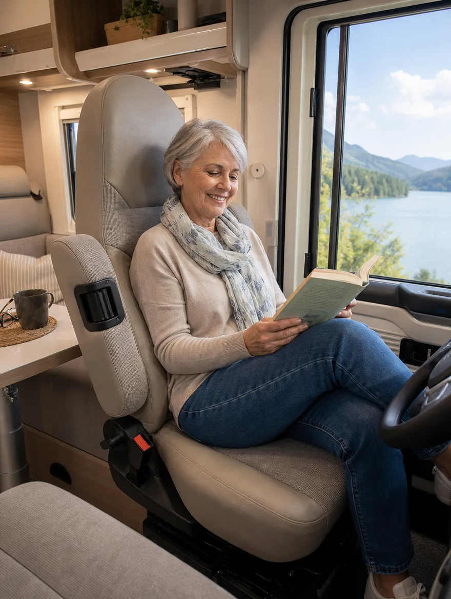 Wohnmobil-Ledersitze im Wohnmobil | Frau mit kurzen grauen Haaren beim Lesen | Wohnmobil Polster Wohnmobil-Ledersitze nach der Neupolsterung: Frau mit kurzen grauen Haaren beim Lesen im Wohnmobil (Visualisierung, Wohnmobil Polster)