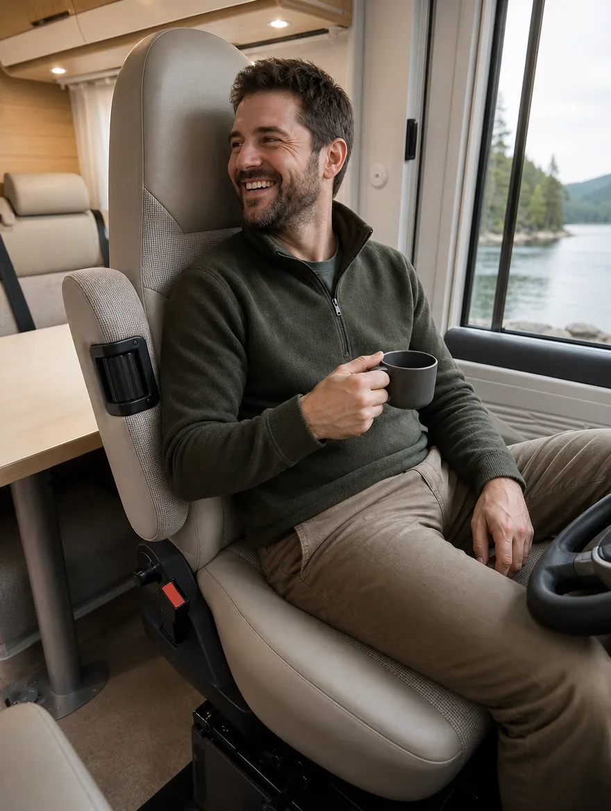 Wohnmobil-Ledersitze im Wohnmobil | Mann mit Bart lachend | Camper Polsterung Wohnmobil-Ledersitze nach der Neupolsterung: Mann mit Bart lachend im Wohnmobil (Visualisierung, Camper Polsterung)