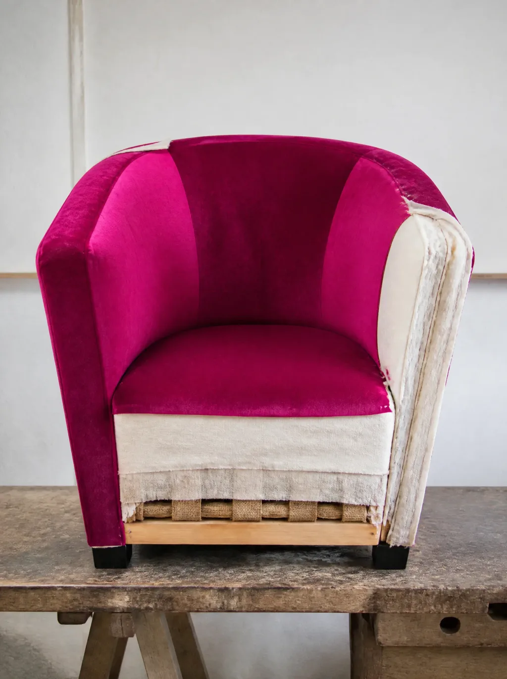 Cocktailsessel in fuchsiafarbenem Samt | Sessel neu beziehen Cocktailsessel in fuchsiafarbenem Samt: Polsterarbeit in der Werkstatt der Egora Polsterei
