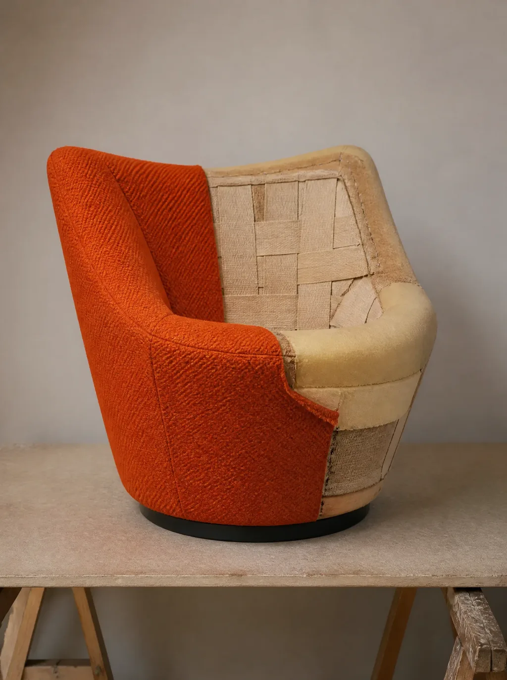 Drehbare Loungesessel in Orange- und Rottönen | Moderne Polsterei Drehbare Loungesessel in Orange- und Rottönen: Polsterarbeit in der Werkstatt der Egora Polsterei