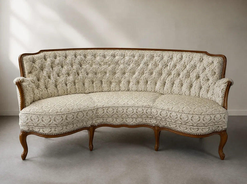 Nieren-Sofa in Damast Creme und Gold | Sofa neu beziehen Nieren-Sofa in Damast Creme und Gold: Polsteratelier bei der Egora Polsterei in Wetzikon