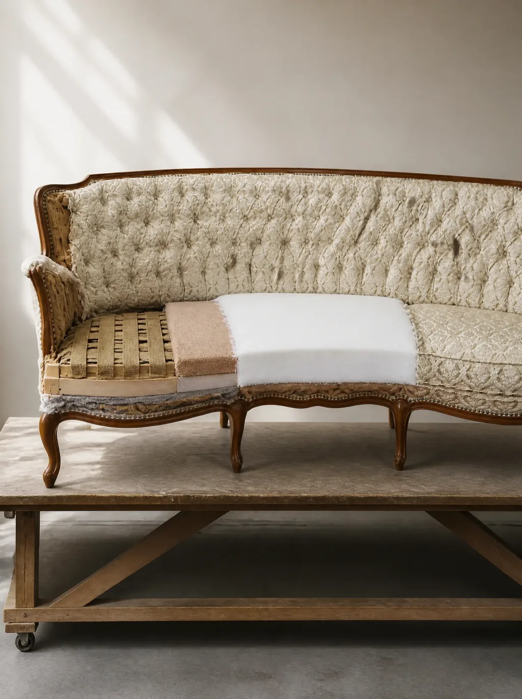 Nieren-Sofa in Damast Creme und Gold | Sofa neu beziehen Nieren-Sofa in Damast Creme und Gold: Polsterarbeit in der Werkstatt der Egora Polsterei