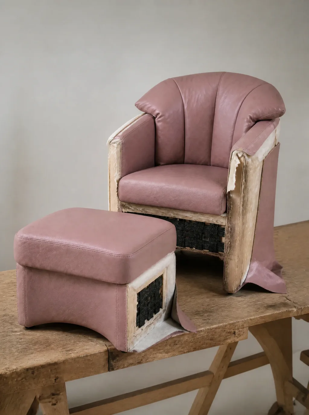 Ledersessel in Rosé mit passendem Hocker | Ledersofa Reparatur Ledersessel in Rosé mit passendem Hocker: Polsterarbeit in der Werkstatt der Egora Polsterei