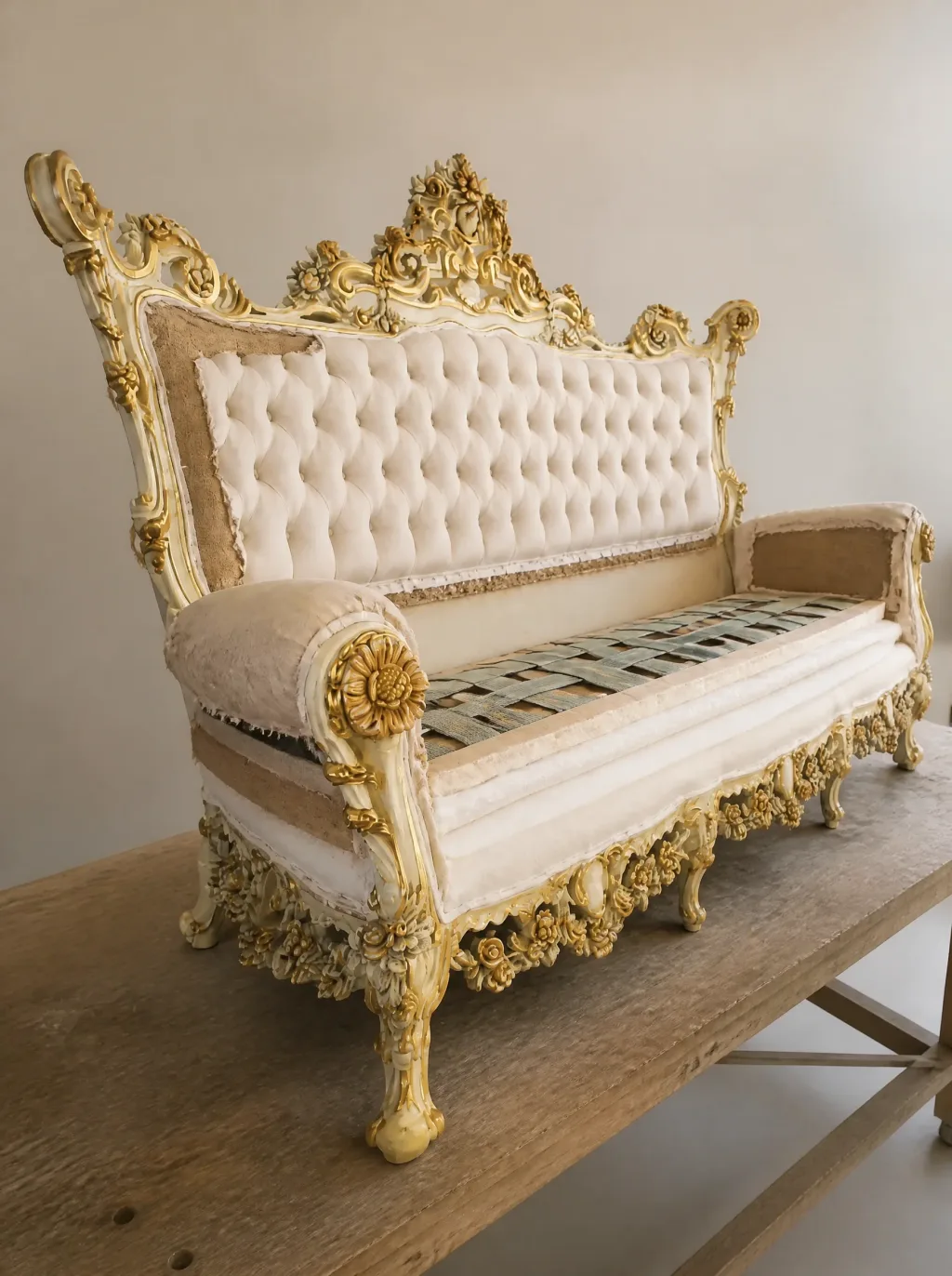 Barocksofa in Weiss und Gold | Sofa neu beziehen Barocksofa in Weiss und Gold: Polsterarbeit in der Werkstatt der Egora Polsterei