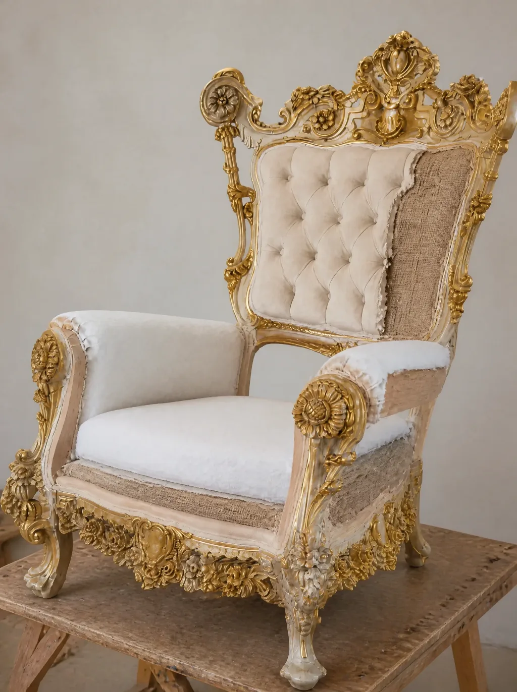 Barock-Thronsessel und Kopfteil in Weiss und Gold | Möbelrestauration Barock-Thronsessel und Kopfteil in Weiss und Gold: Polsterarbeit in der Werkstatt der Egora Polsterei