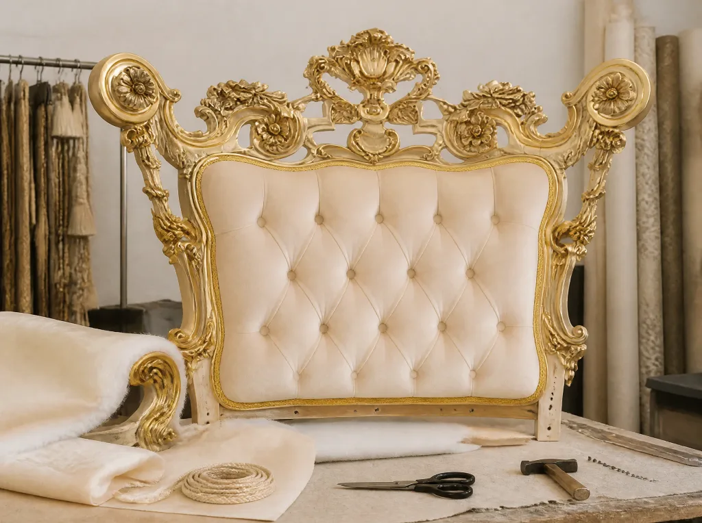 Barock-Thronsessel und Kopfteil in Weiss und Gold | Möbelrestauration Barock-Thronsessel und Kopfteil in Weiss und Gold: Polsterarbeit in der Werkstatt der Egora Polsterei