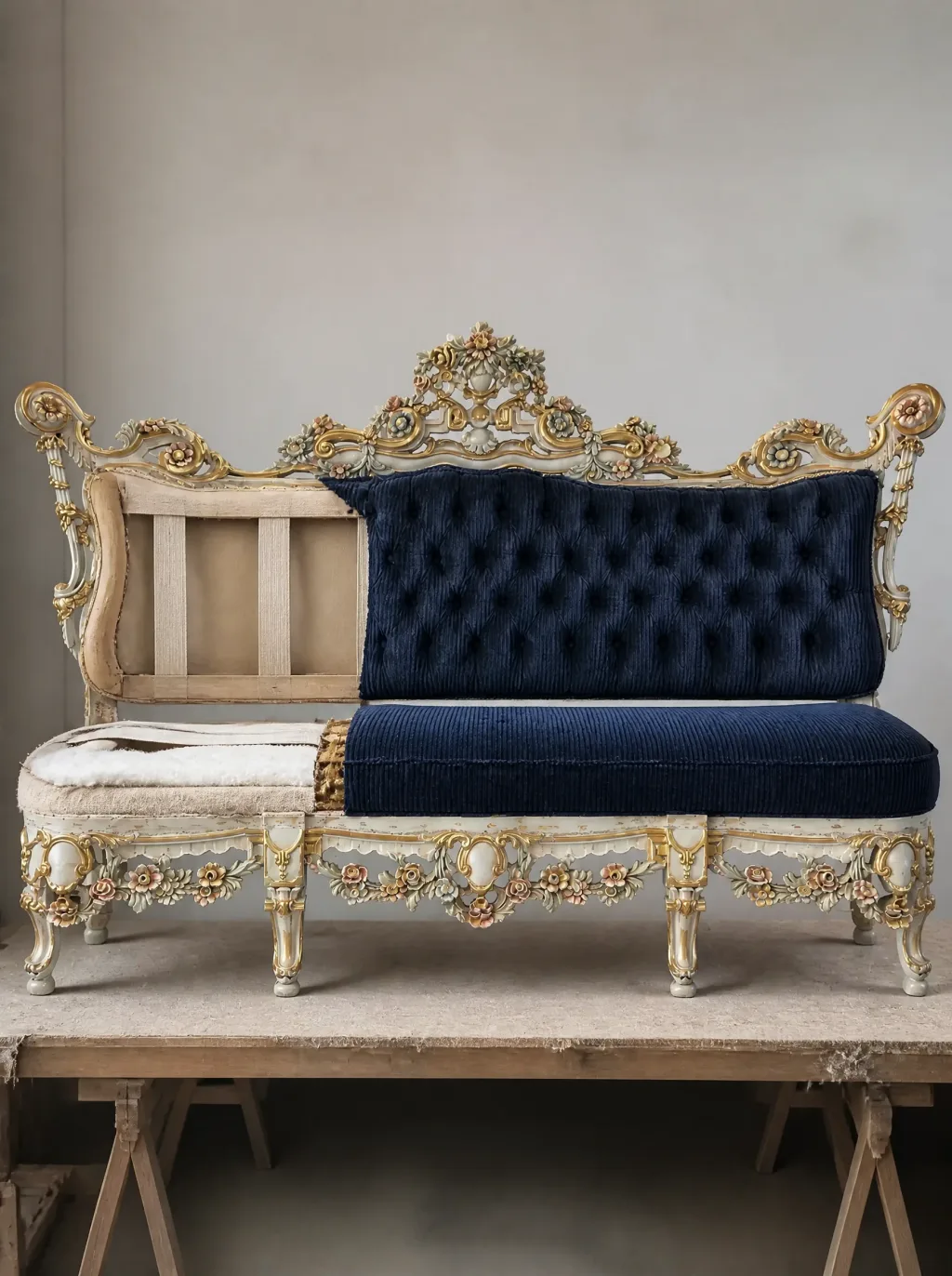 Barocksofa in dunkelblauem Cord | Sofa neu beziehen Barocksofa in dunkelblauem Cord: Polsterarbeit in der Werkstatt der Egora Polsterei