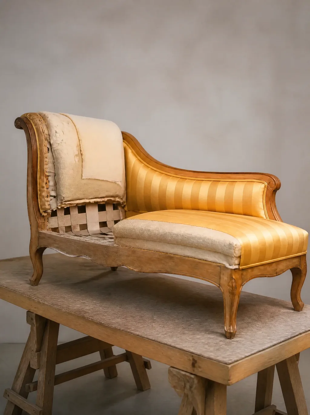 Chaiselongue in goldfarbenem Satin gestreift | Möbelrestauration Chaiselongue in goldfarbenem Satin gestreift: Polsterarbeit in der Werkstatt der Egora Polsterei