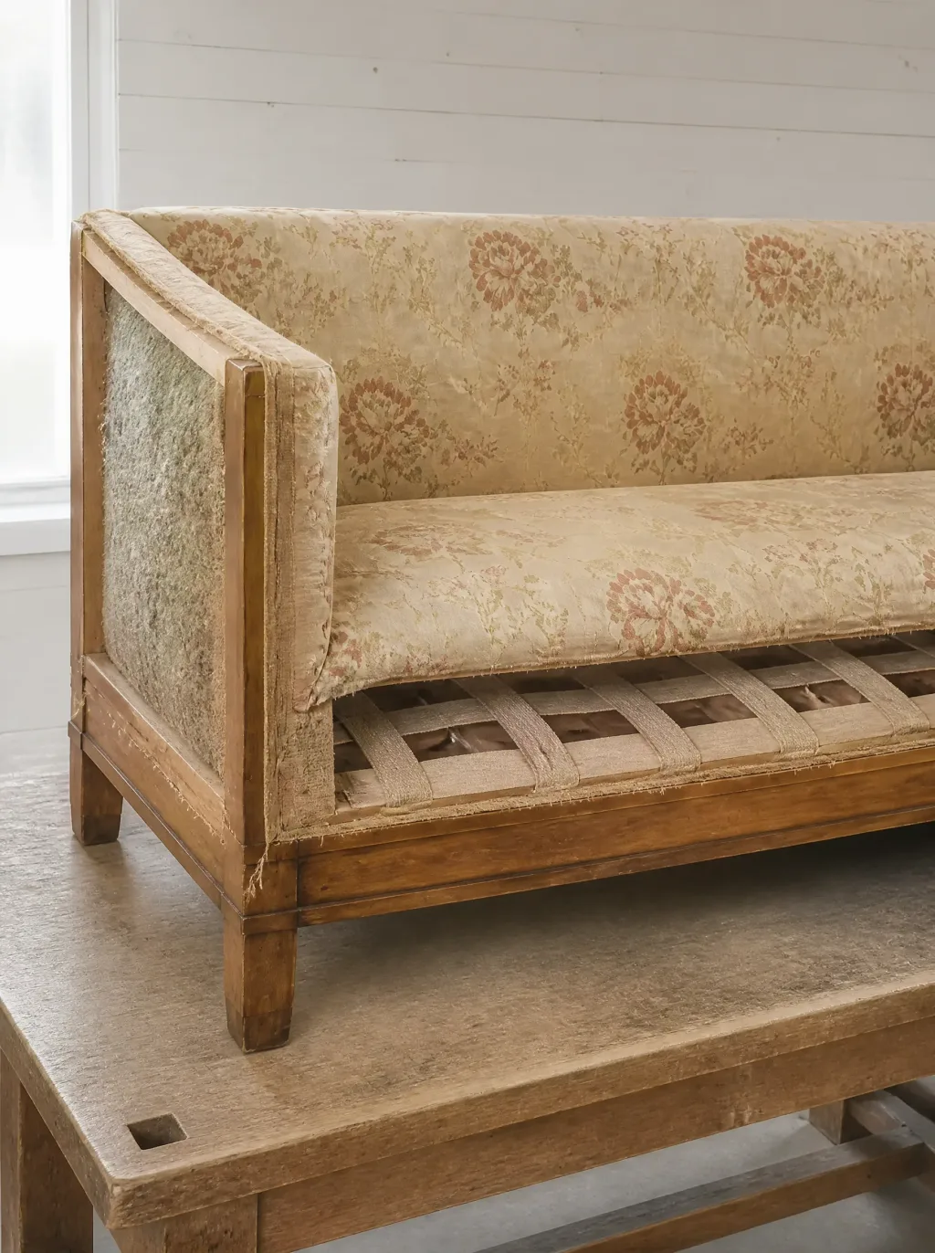 Dreisitzer in Damast mit Blumenmuster | Sofa neu beziehen Dreisitzer in Damast mit Blumenmuster: Polsterarbeit in der Werkstatt der Egora Polsterei
