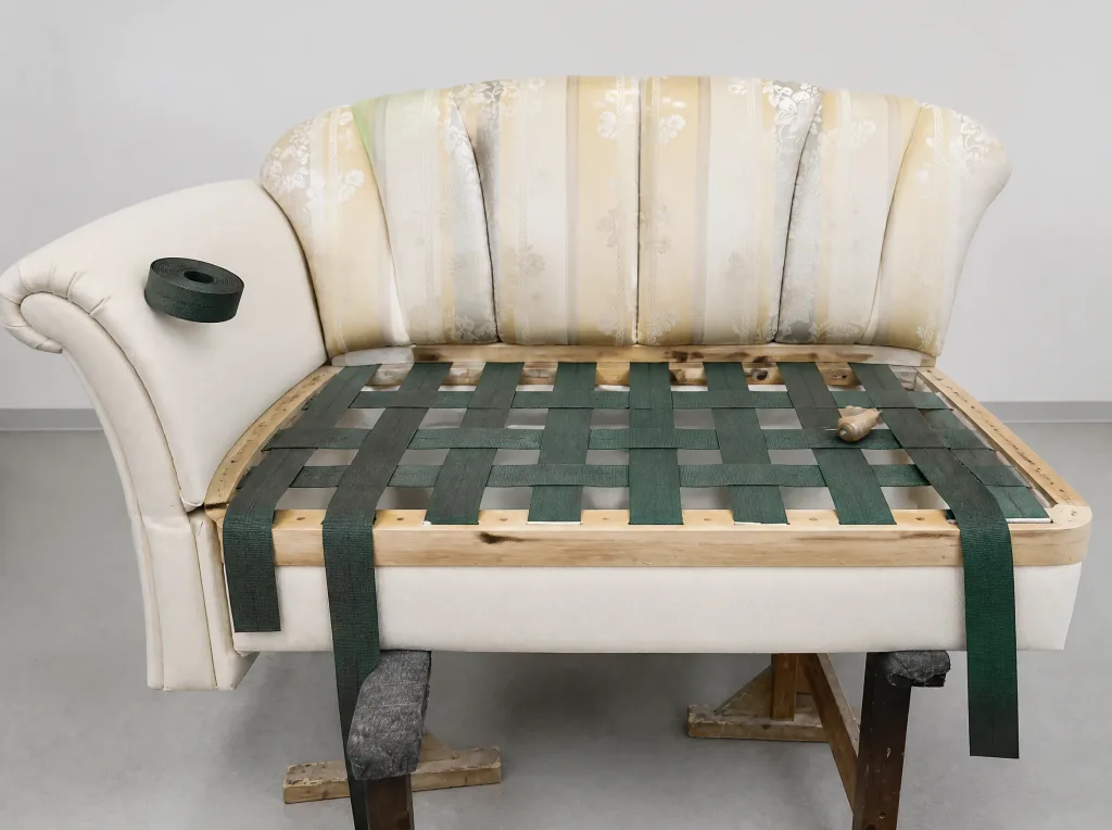 Gestreiftes Sofa mit grünem Gurtband | Sofa reparieren Gestreiftes Sofa mit grünem Gurtband: Polsterarbeit in der Werkstatt der Egora Polsterei