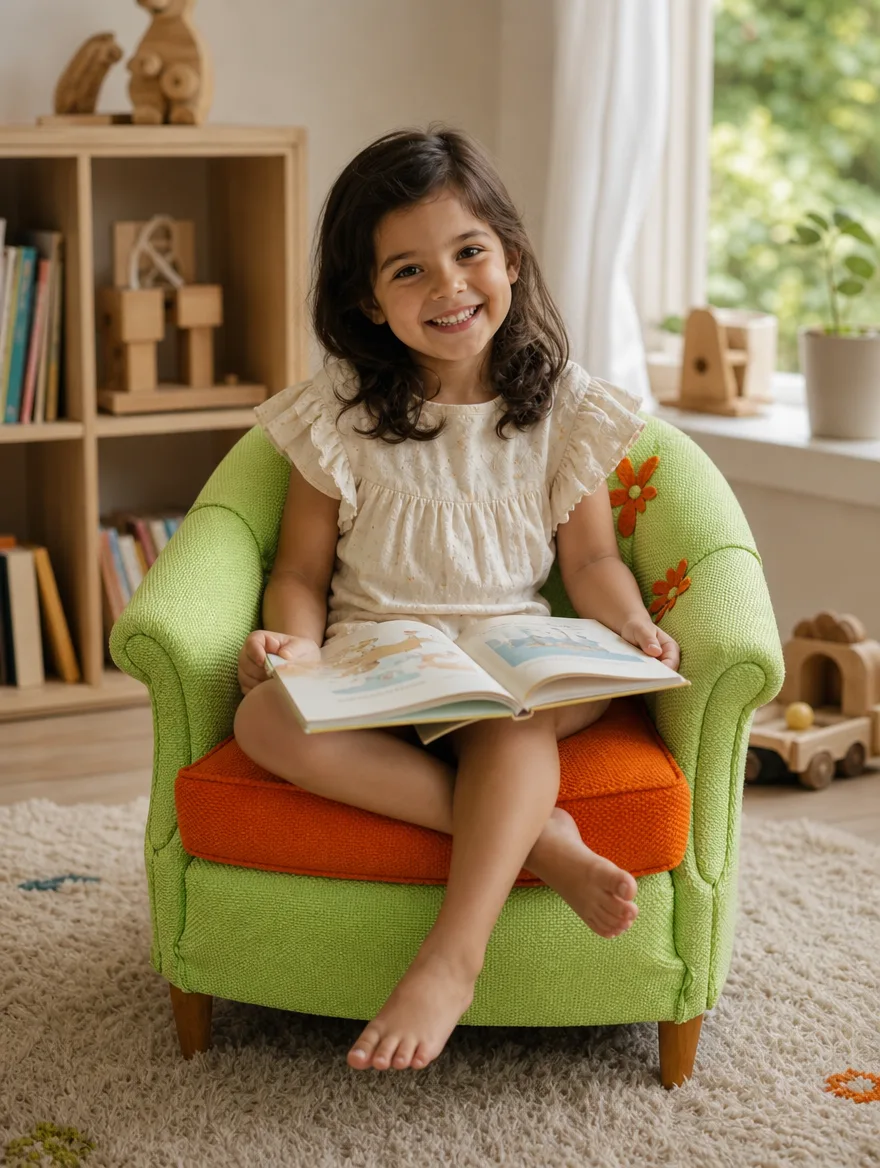 Kindersessel in Cord Grün mit orangem Kissen im hellen Kinderzimmer, ein Mädchen blättert im Bilderbuch: Polsterei Zürich