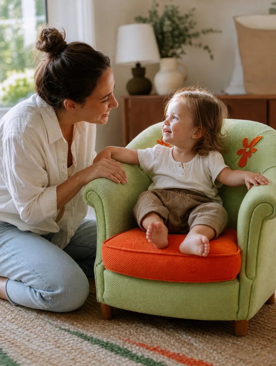 Kindersessel in Cord Grün mit orangem Kissen im Familienwohnzimmer, Mutter und Kleinkind lachen: Polsterei Zürich