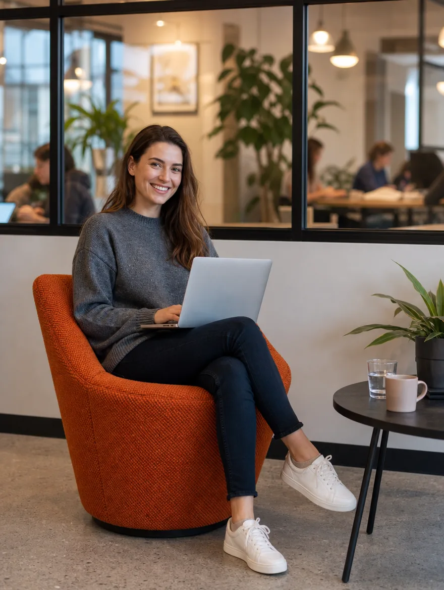 Drehbare Loungesessel in Orange- und Rottönen im Einsatz | Moderne Polsterei Drehbare Loungesessel in Orange- und Rottönen in einer Café-Ecke, eine Frau arbeitet lächelnd am Laptop: Moderne Polsterei