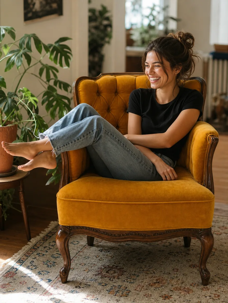 Chesterfield-Sessel in Senfgelb mit Knopfheftung im Einsatz | Chesterfield Chesterfield-Sessel in Senfgelb mit Knopfheftung im sonnigen Wohnzimmer, eine junge Frau lacht: Chesterfield