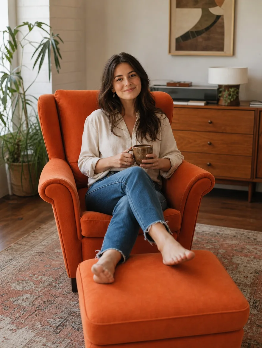 Sessel-Set in orangefarbenem Samt im Einsatz | Sessel neu beziehen Sessel-Set in orangefarbenem Samt im Wohnzimmer im Mid-Century-Stil, eine Frau mit Tasse: Sessel neu beziehen