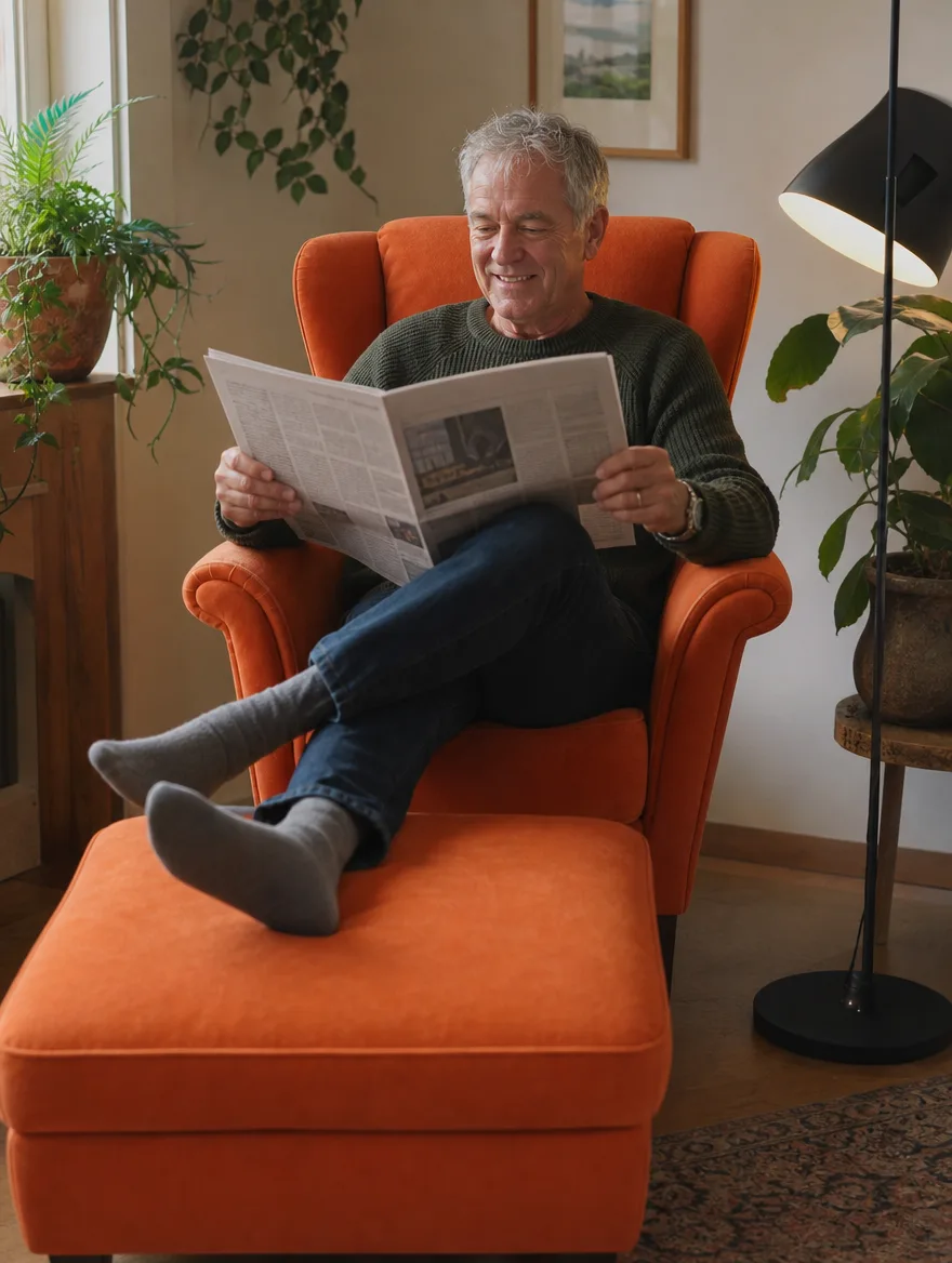 Sessel-Set in orangefarbenem Samt im Einsatz | Sessel neu beziehen Sessel-Set in orangefarbenem Samt in der Leseecke mit Pflanzen, ein Herr liest Zeitung: Sessel neu beziehen