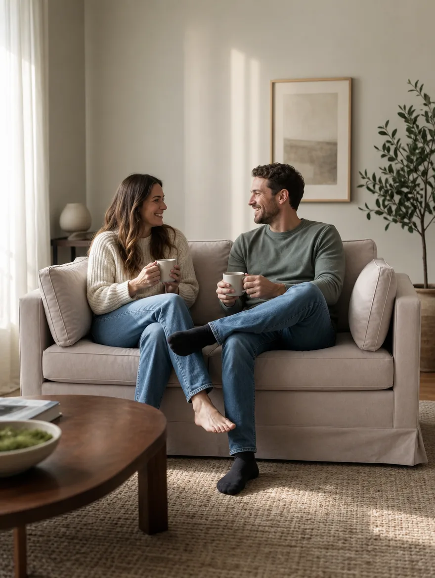 Zweisitzer in hellem Leinenstoff im Einsatz | Sofa neu beziehen Zweisitzer in hellem Leinenstoff im hellen Wohnzimmer, ein Paar mit Tassen: Sofa neu beziehen