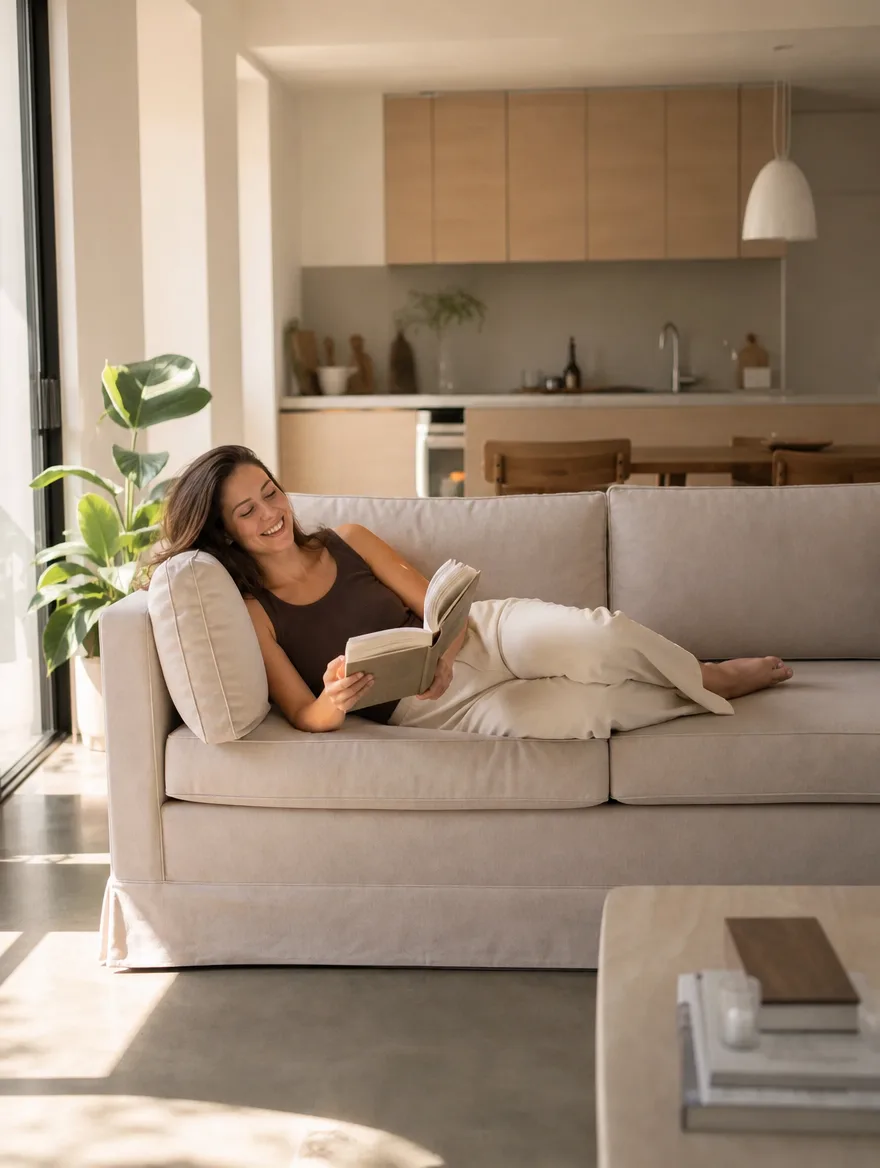 Zweisitzer in hellem Leinenstoff im Einsatz | Sofa neu beziehen Zweisitzer in hellem Leinenstoff in der sonnigen Wohnung, eine Frau liest entspannt: Sofa neu beziehen