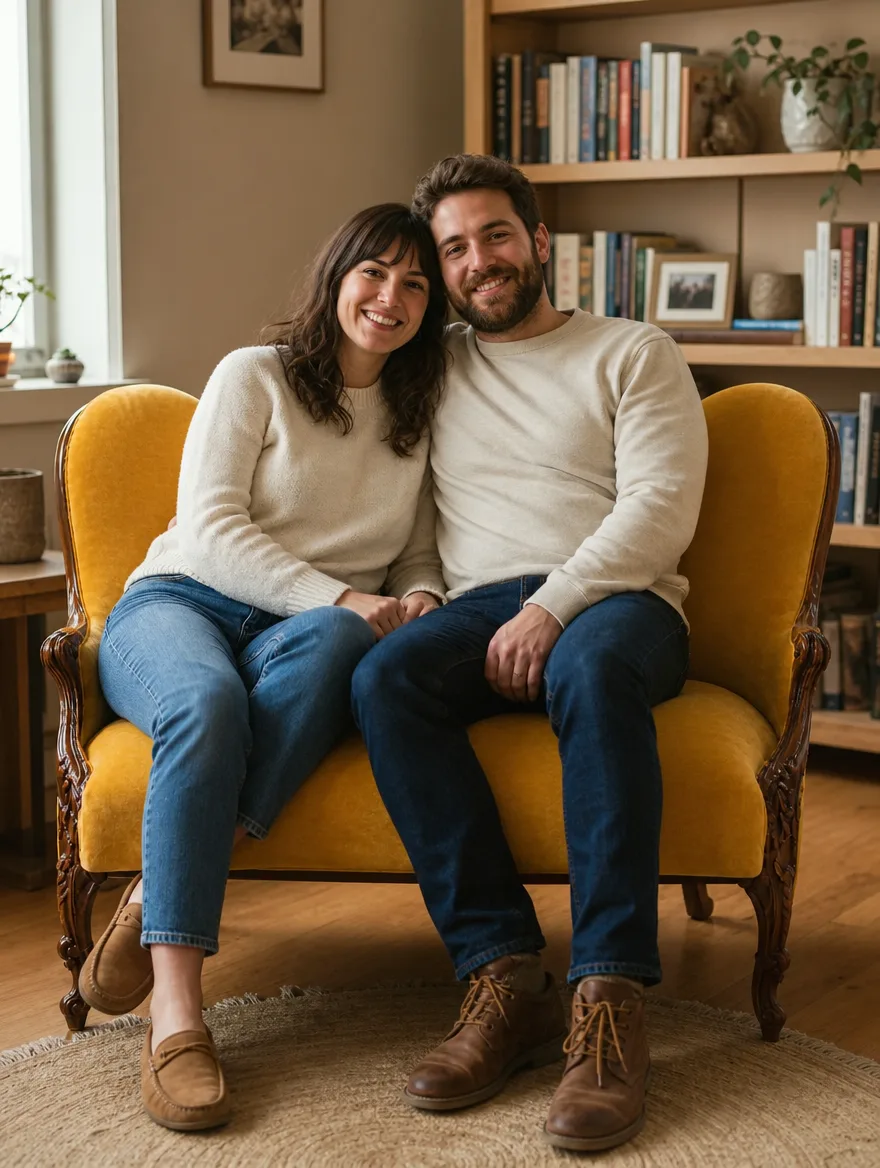 Zweisitzer in senfgelbem Samt mit Schwung im Einsatz | Sofa neu beziehen Zweisitzer in senfgelbem Samt mit Schwung im Wohnzimmer, ein Paar sitzt eng beieinander: Sofa neu beziehen