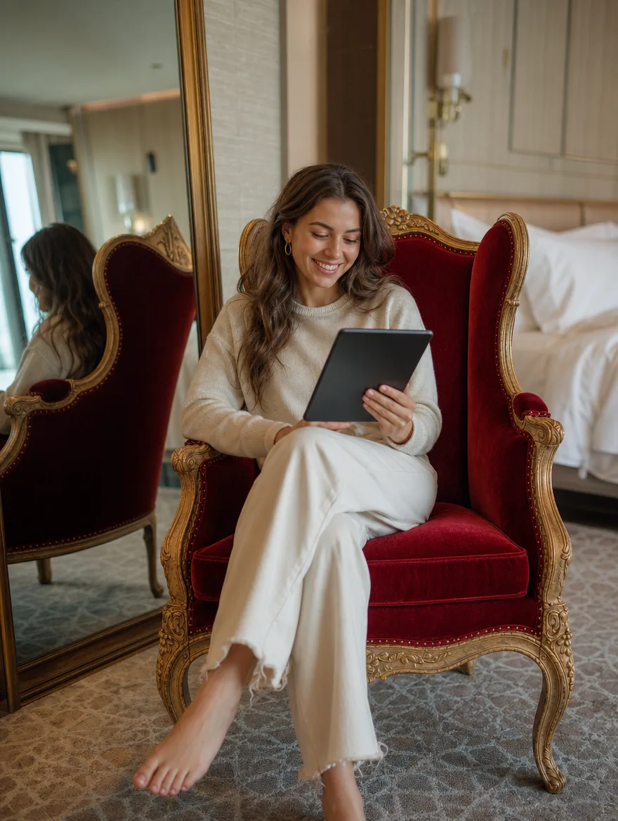 Rokoko-Sessel in rotem Samt im Einsatz | Möbelrestauration Rokoko-Sessel in rotem Samt in der Hotelsuite, eine junge Frau mit Tablet: Möbelrestauration