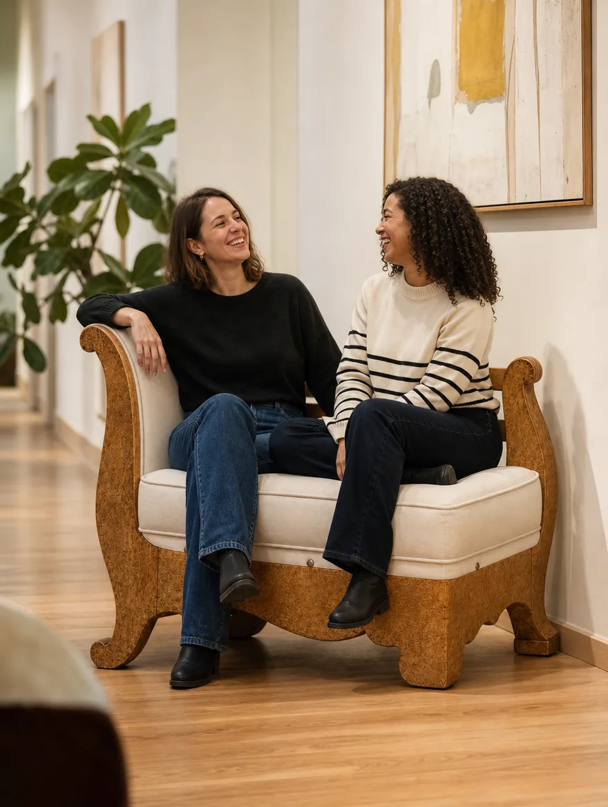 Daybed mit geschwungenen Holzseiten im Einsatz | Möbelrestauration Daybed mit geschwungenen Holzseiten im Galerieflur, zwei Freunde lachen: Möbelrestauration
