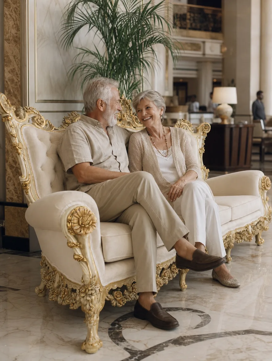 Barocksofa in Weiss und Gold im Einsatz | Sofa neu beziehen Barocksofa in Weiss und Gold in der Hotellobby, ein älteres Paar lächelt: Sofa neu beziehen