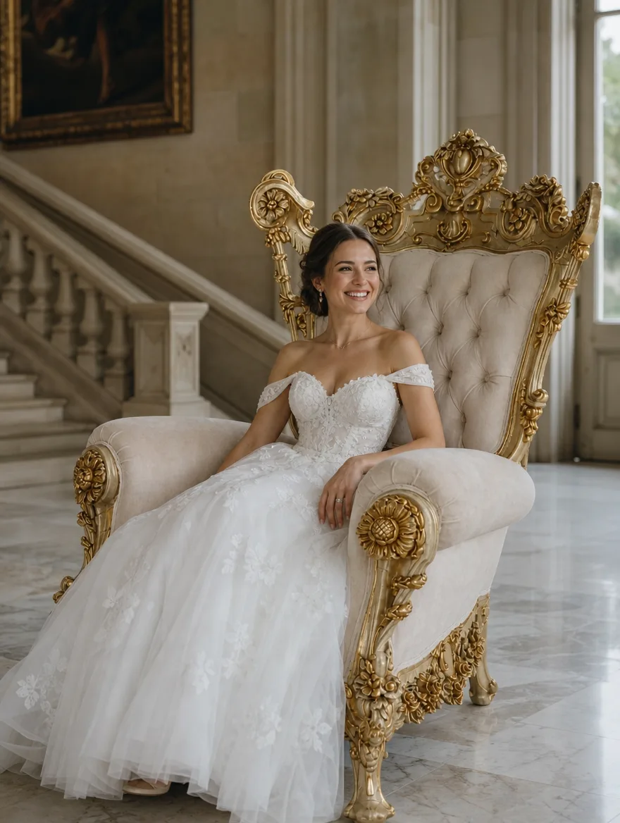 Barock-Thronsessel und Kopfteil in Weiss und Gold im Einsatz | Möbelrestauration Barock-Thronsessel und Kopfteil in Weiss und Gold in der Eingangshalle, eine Braut im Hochzeitskleid lächelt: Möbelrestauration