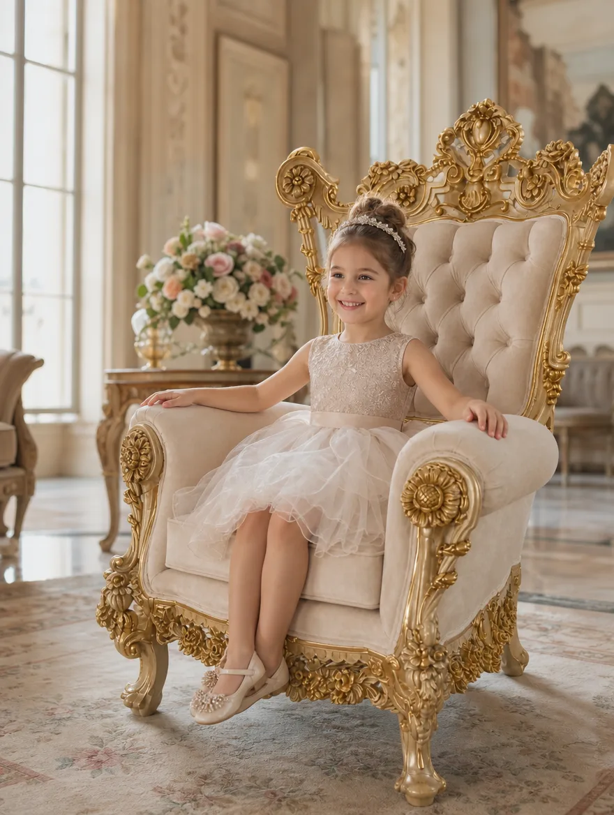 Barock-Thronsessel und Kopfteil in Weiss und Gold im Einsatz | Möbelrestauration Barock-Thronsessel und Kopfteil in Weiss und Gold im Salon, ein kleines Mädchen im Festkleid strahlt: Möbelrestauration