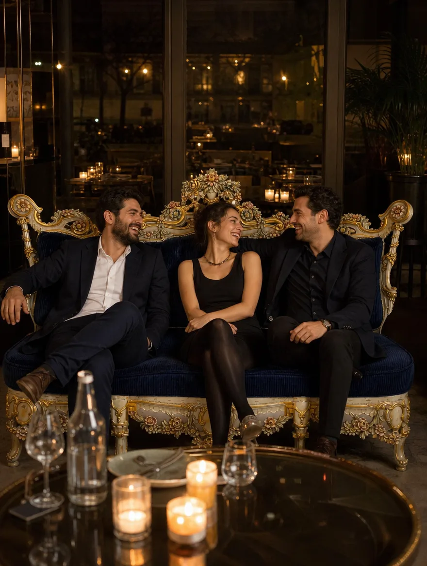 Barocksofa in dunkelblauem Cord im Einsatz | Sofa neu beziehen Barocksofa in dunkelblauem Cord in der Restaurant-Lounge, drei Freunde lachen: Sofa neu beziehen