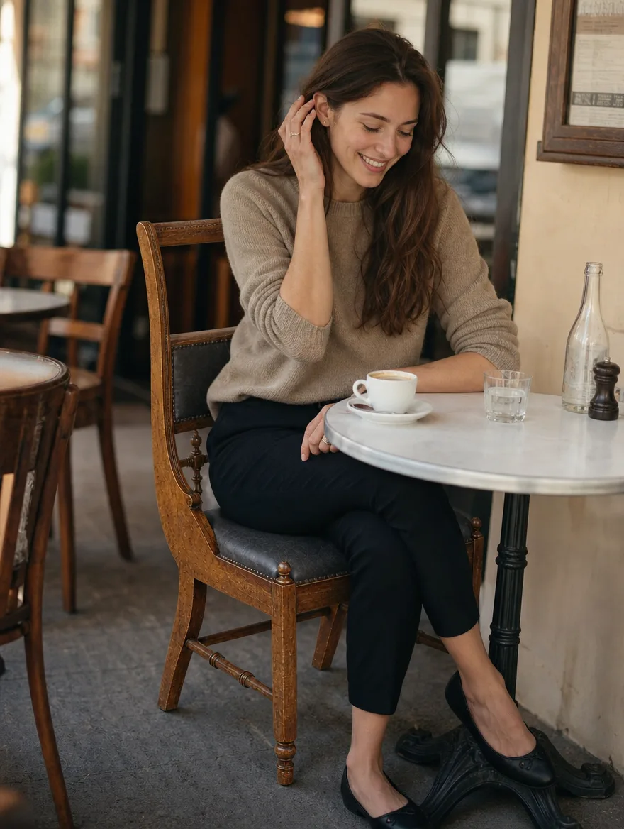 Stuhlgestell mit Gurtband-Gurtung im Detail im Einsatz | Stühle polstern Stuhlgestell mit Gurtband-Gurtung im Detail im Bistro, eine Frau mit Kaffee lächelt: Stühle polstern