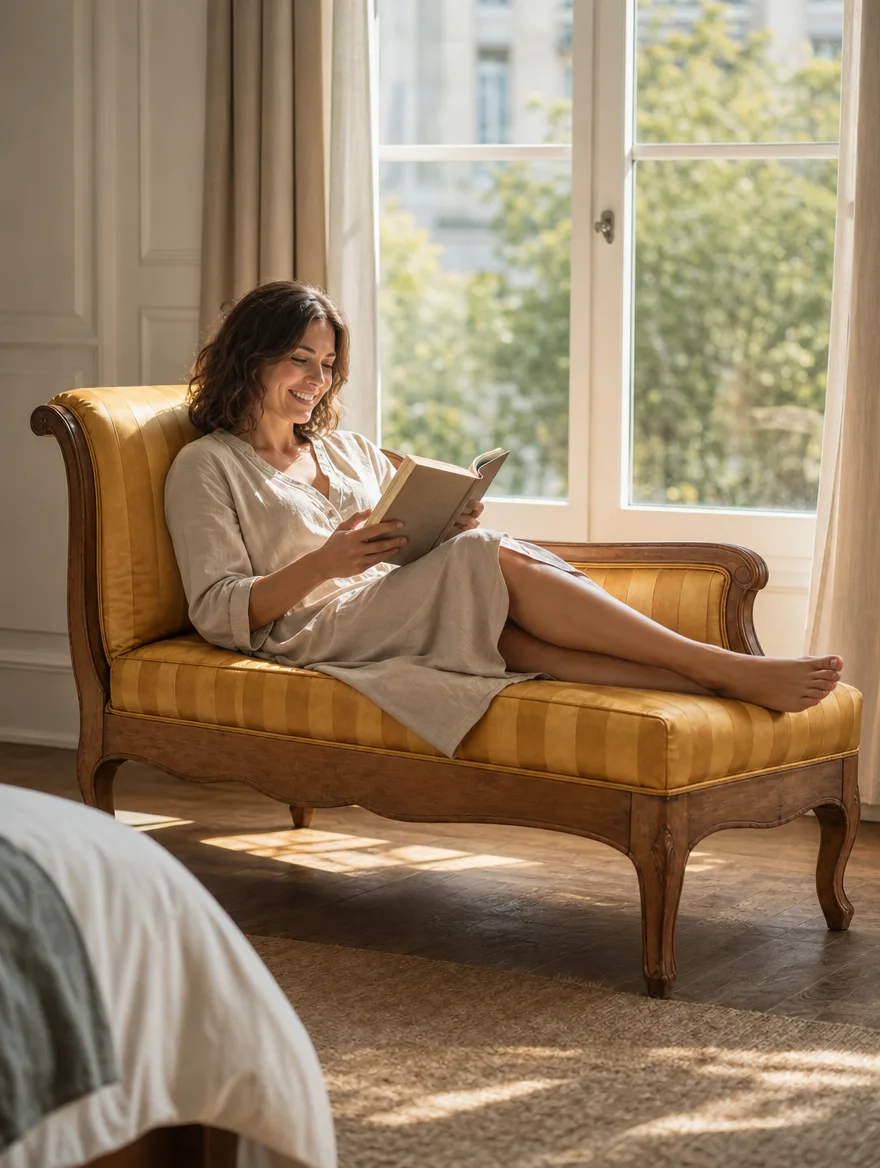Chaiselongue in goldfarbenem Satin gestreift im Einsatz | Möbelrestauration Chaiselongue in goldfarbenem Satin gestreift im sonnigen Schlafzimmer, eine Frau liegt lesend darauf: Möbelrestauration
