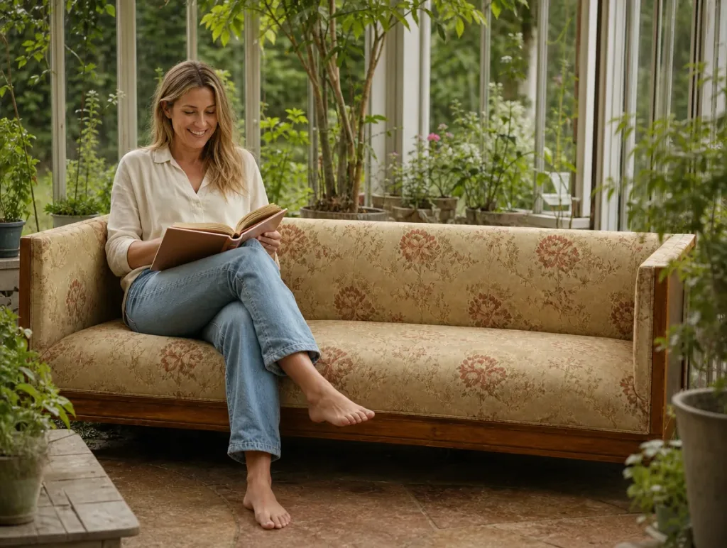 Dreisitzer in Damast mit Blumenmuster im Einsatz | Sofa neu beziehen Dreisitzer in Damast mit Blumenmuster im Wintergarten, eine Frau liest lächelnd: Sofa neu beziehen