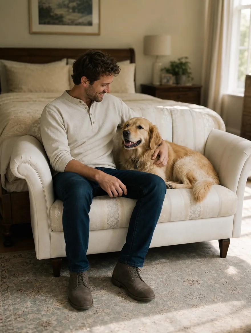 Gestreiftes Sofa mit grünem Gurtband im Einsatz | Sofa reparieren Gestreiftes Sofa mit grünem Gurtband im Sitzbereich im Schlafzimmer, ein Mann mit Hund: Sofa reparieren