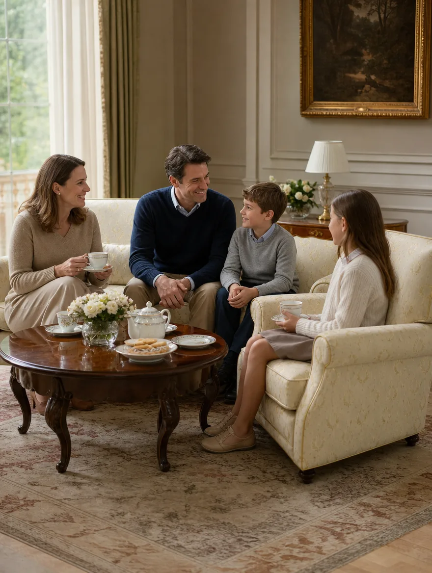 Sofa und Sessel in Damast Creme-Gold mit Wappen im Salon am Teetisch, eine Familie lächelt: Polstergruppe reparieren